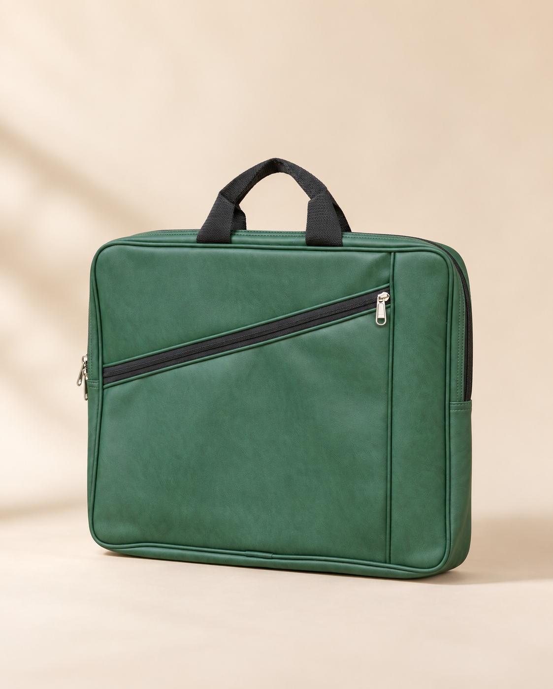 Green structured office bag with diagonal zip and black handles